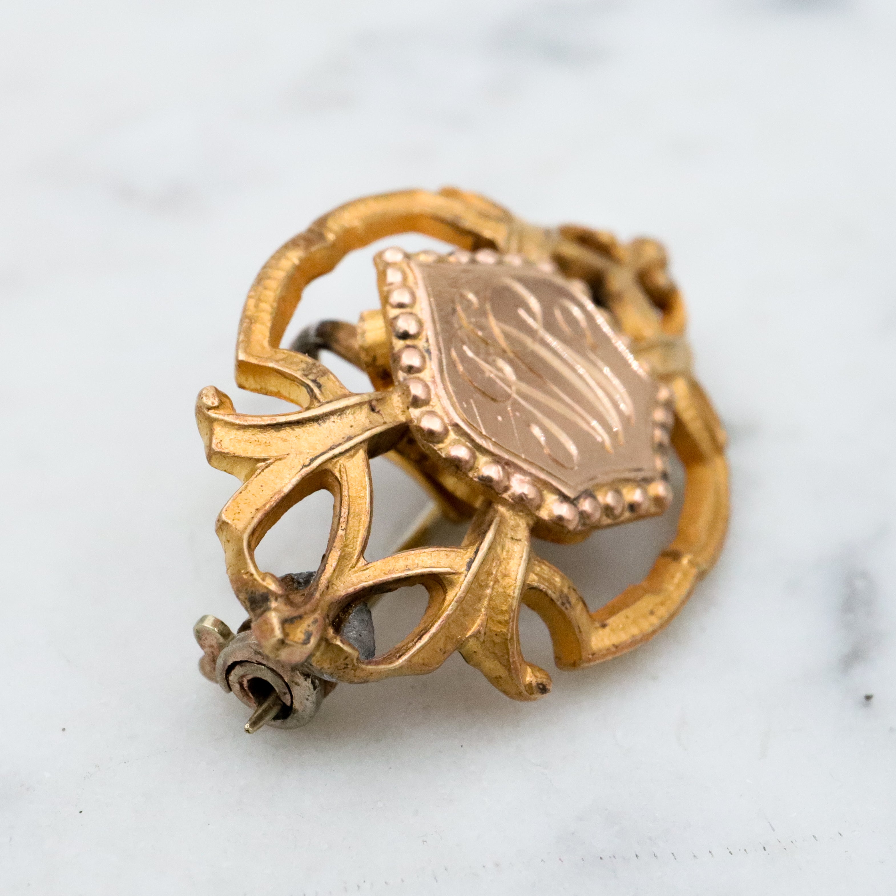 Antique Art Deco gilt metal & gold filled watch clip brooch with "MN" mono shield